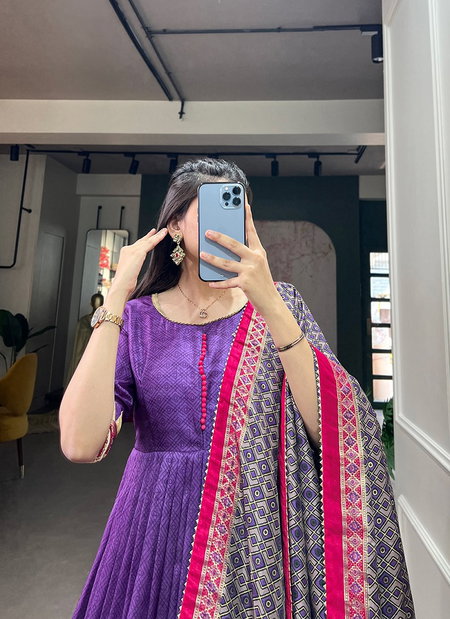 Purple Colour Tasar Silk With Print Gown With Dupatta Bulk Orders In India YNF5007 
